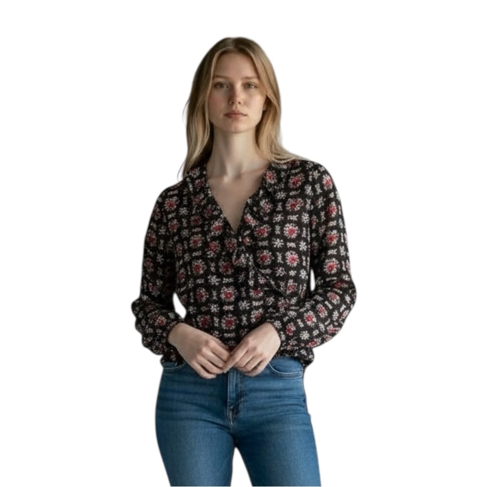 LOFT Ruffle Floral Black / Red Blouse Size XS — BEAUTIFUL!!! - Picture 2 of 9